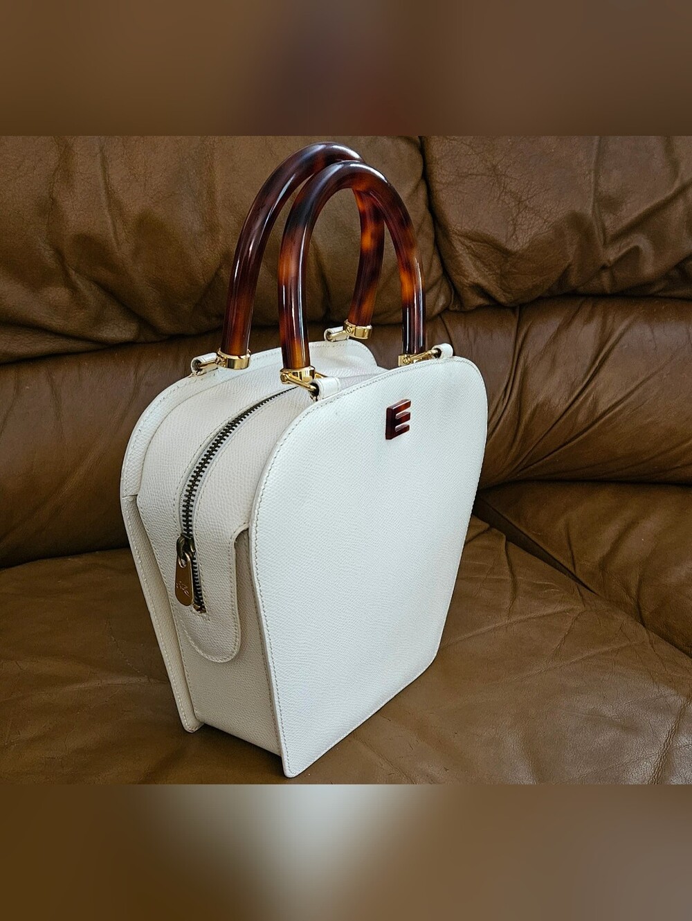 Etro Ivory Leather High-End Luxury Designer Double Handle Handbag (EXCELLENT) - Picture 15 of 16